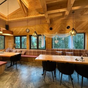 Elegant dining table set up for a group meal, with forest views through large windows.